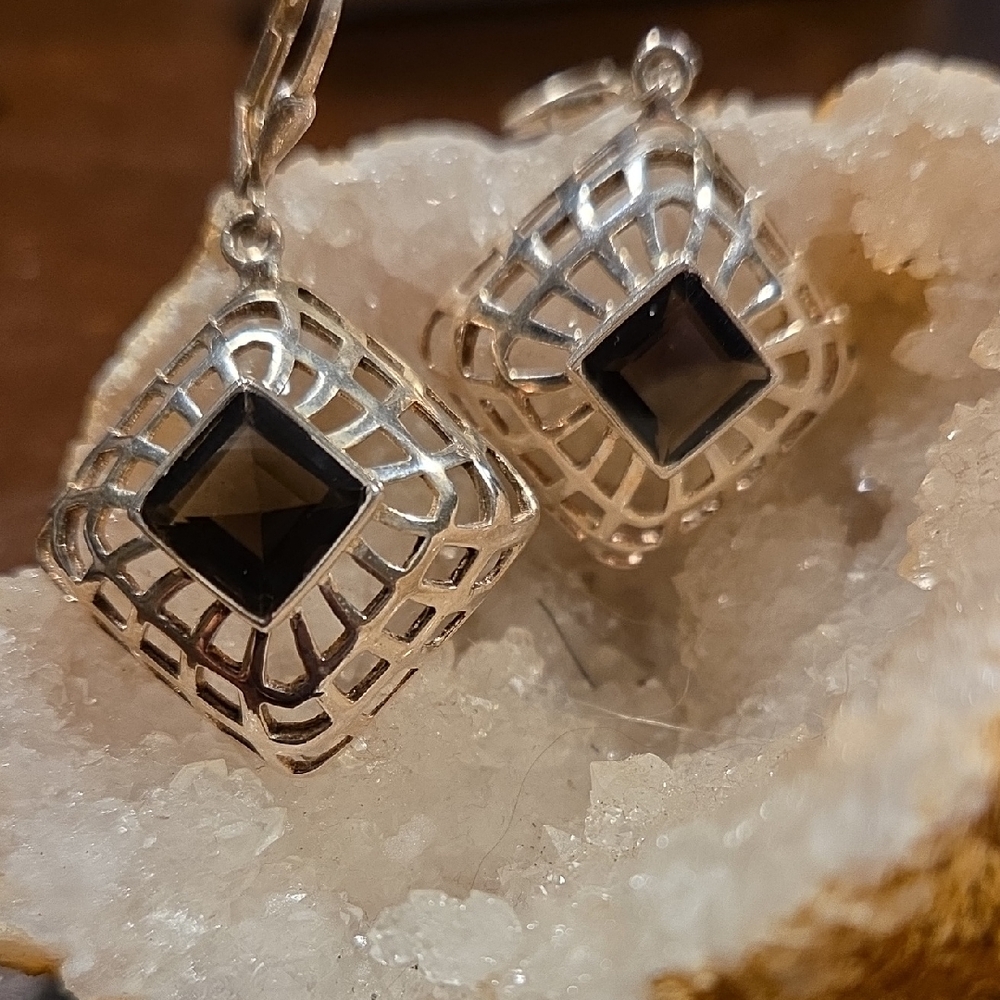 Vtg STERLING SILVER AND SMOKY QUARTZ EARRINGS